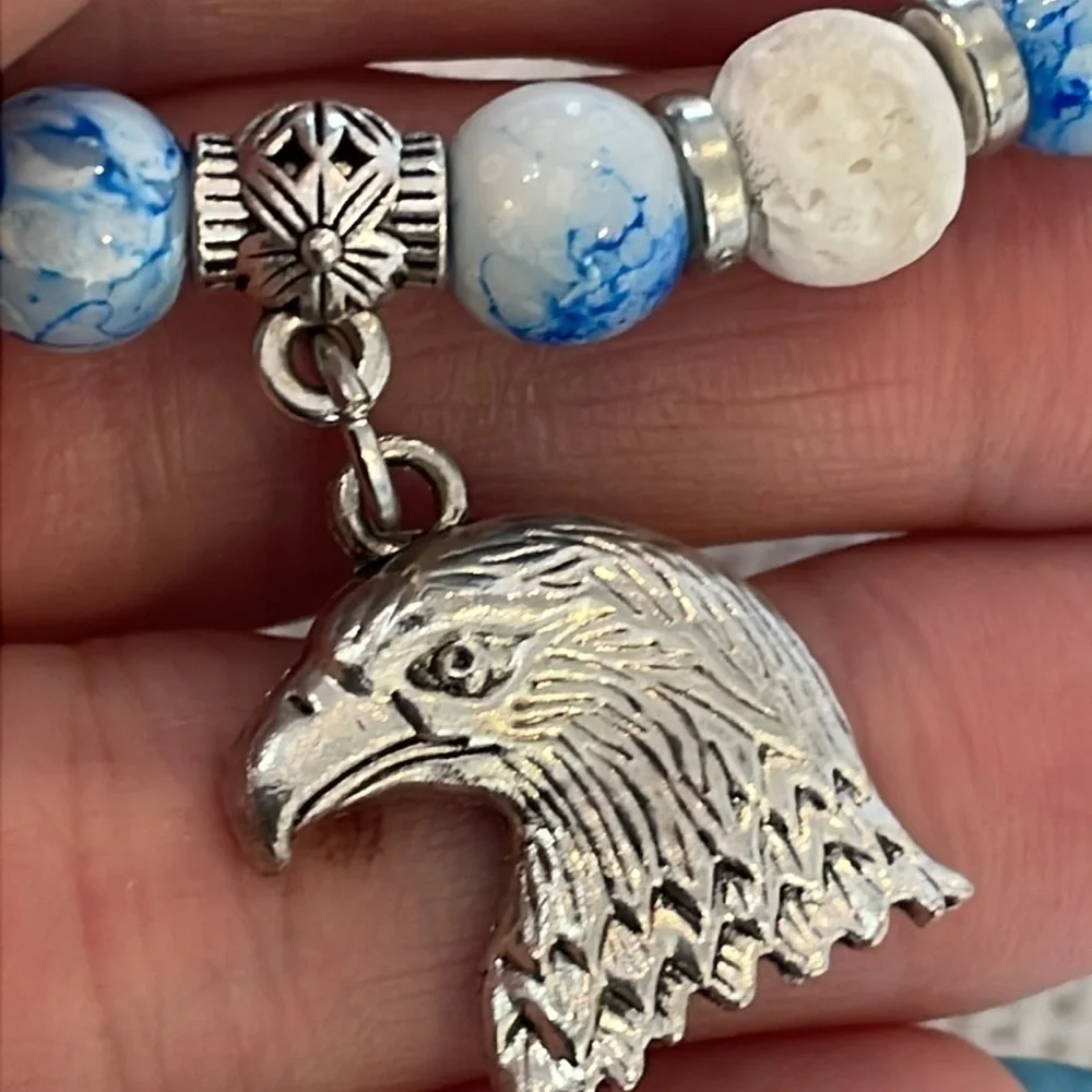 Lava rock blue natural stone silver Eagle charm stretch bracelet